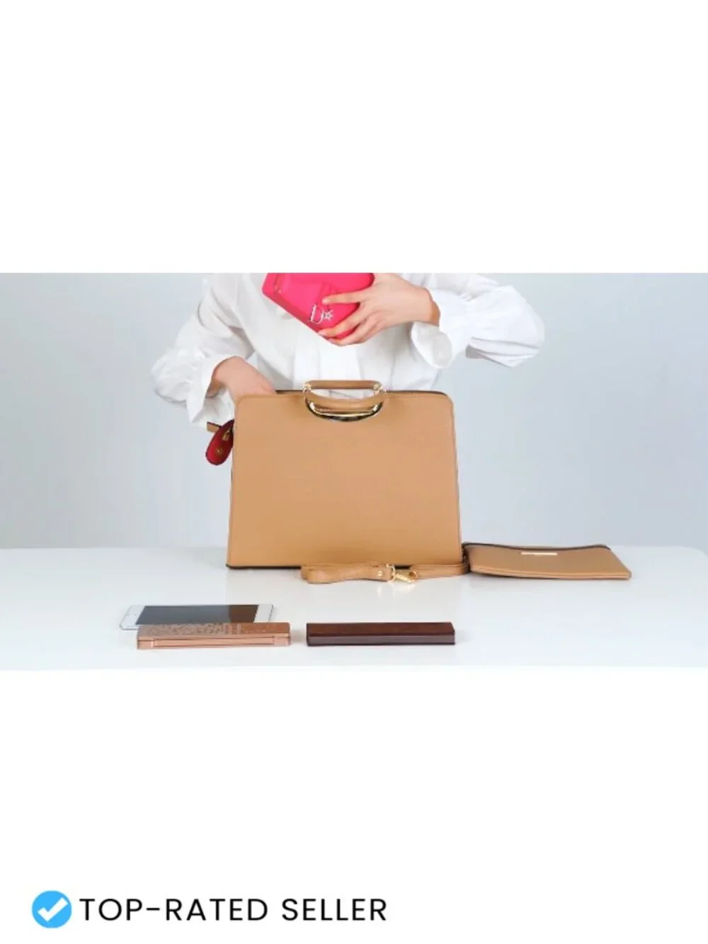 Faux Leather Top Handle Satchel Bag with Matching Wristlet, Work Tote Purse